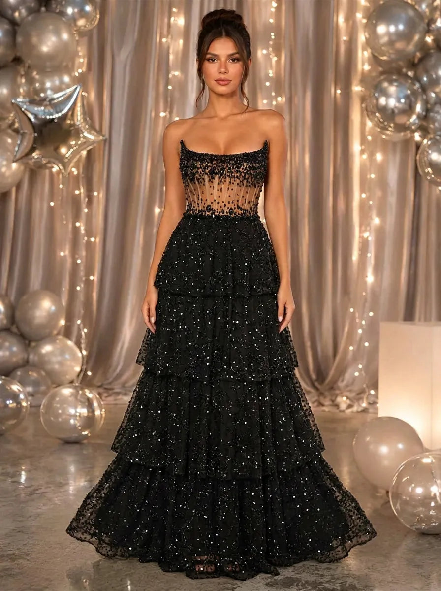 Strapless Tiered Sequin-Embellished A-Line Prom Dress
