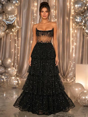Strapless Tiered Sequin-Embellished A-Line Prom Dress