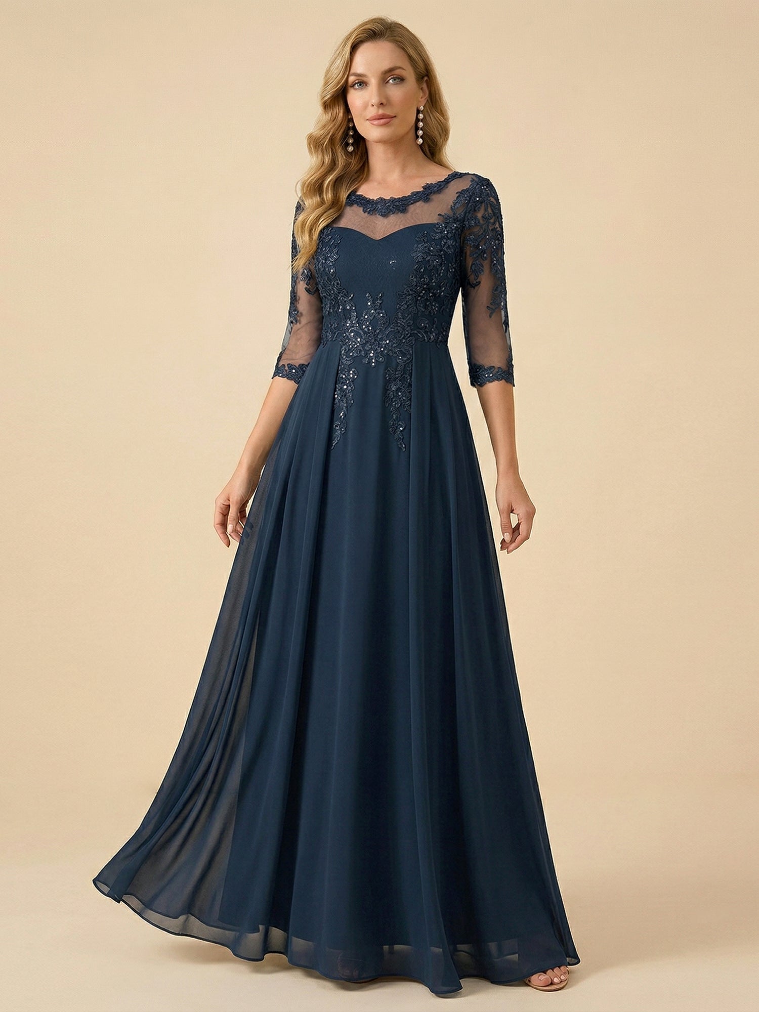A-Line Scoop Neck 3/4 Sleeve Chiffon Mother of the Bride Gown