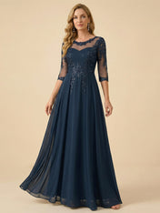 A-Line Scoop Neck 3/4 Sleeve Chiffon Mother of the Bride Gown