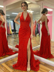 Black Mermaid Lace Halter Long Prom Dress with Slit