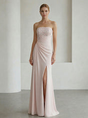 Glamorous Formal Evening Dress Soft Blush Beaded Strapless Slit Gown