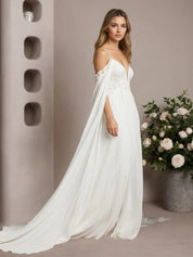 White A-Line Off The Shoulder Sleeveless Sequins Chiffon Wedding Dress