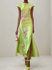 Green Floral Embroidered Cap Sleeve Sheath Maxi Dress with Slit