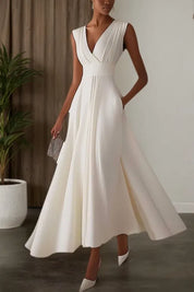 Evening Elegant Dress Sleeveless Deep V Neck Pleated Design Ball Gown Maxi Dress
