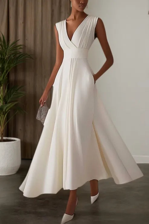 Evening Elegant Dress Sleeveless Deep V Neck Pleated Design Ball Gown Maxi Dress