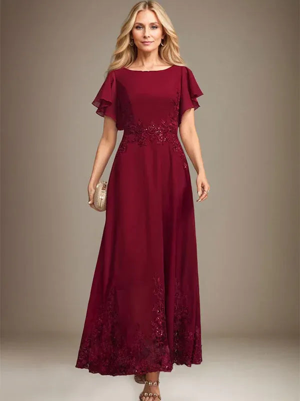 Robe de mère de la mariée trapèze en mousseline de soie et dentelle, longueur cheville, avec paillettes 