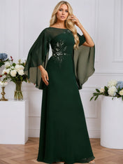 A-line Boat Neck Illusion Floor-Length Chiffon Evening Dress With Sequins Appliques Lace Pleated