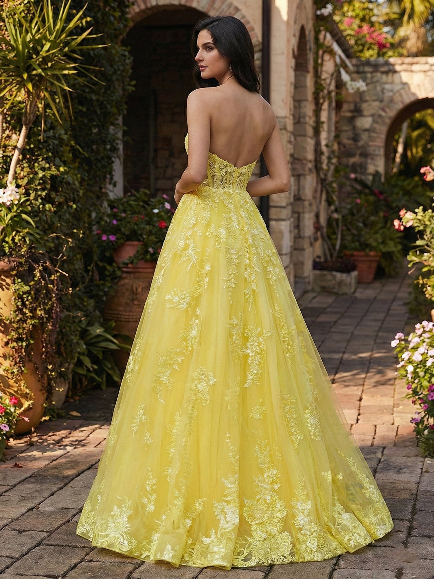 Yellow Strapless Floral Lace Appliques Corset Tulle Prom Dress
