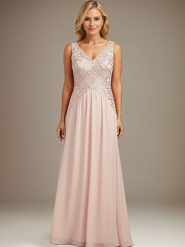Burgundy A-line V Neck Floor-Length Lace Chiffon Mother of the Bride Dresses