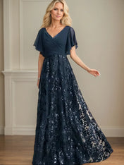 A Line V Neck Short Sleeve Chiffon Mother of the Bride Dress With Appliques