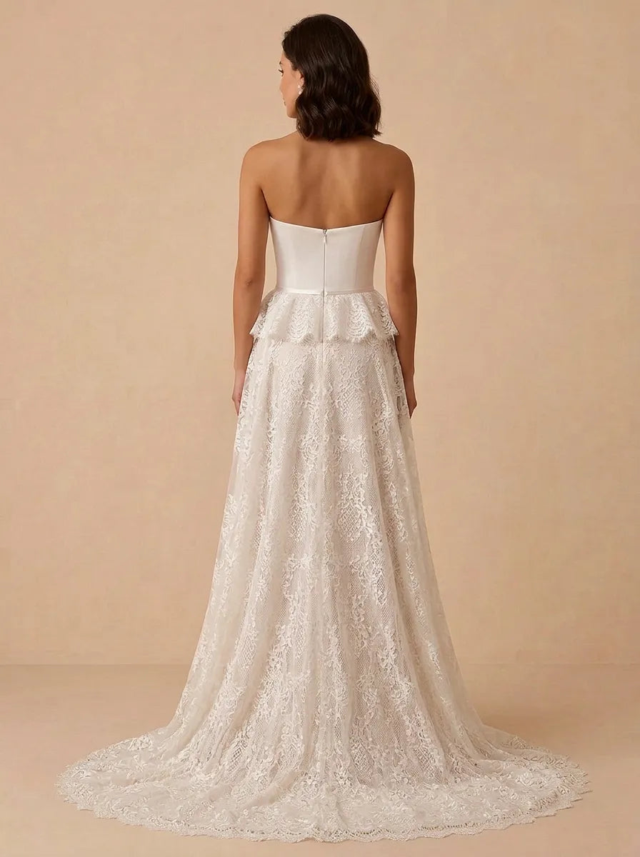 Strapless Satin and Lace Mermaid Wedding Dress with Peplum Overskirt