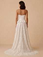 Strapless Satin and Lace Mermaid Wedding Dress with Peplum Overskirt