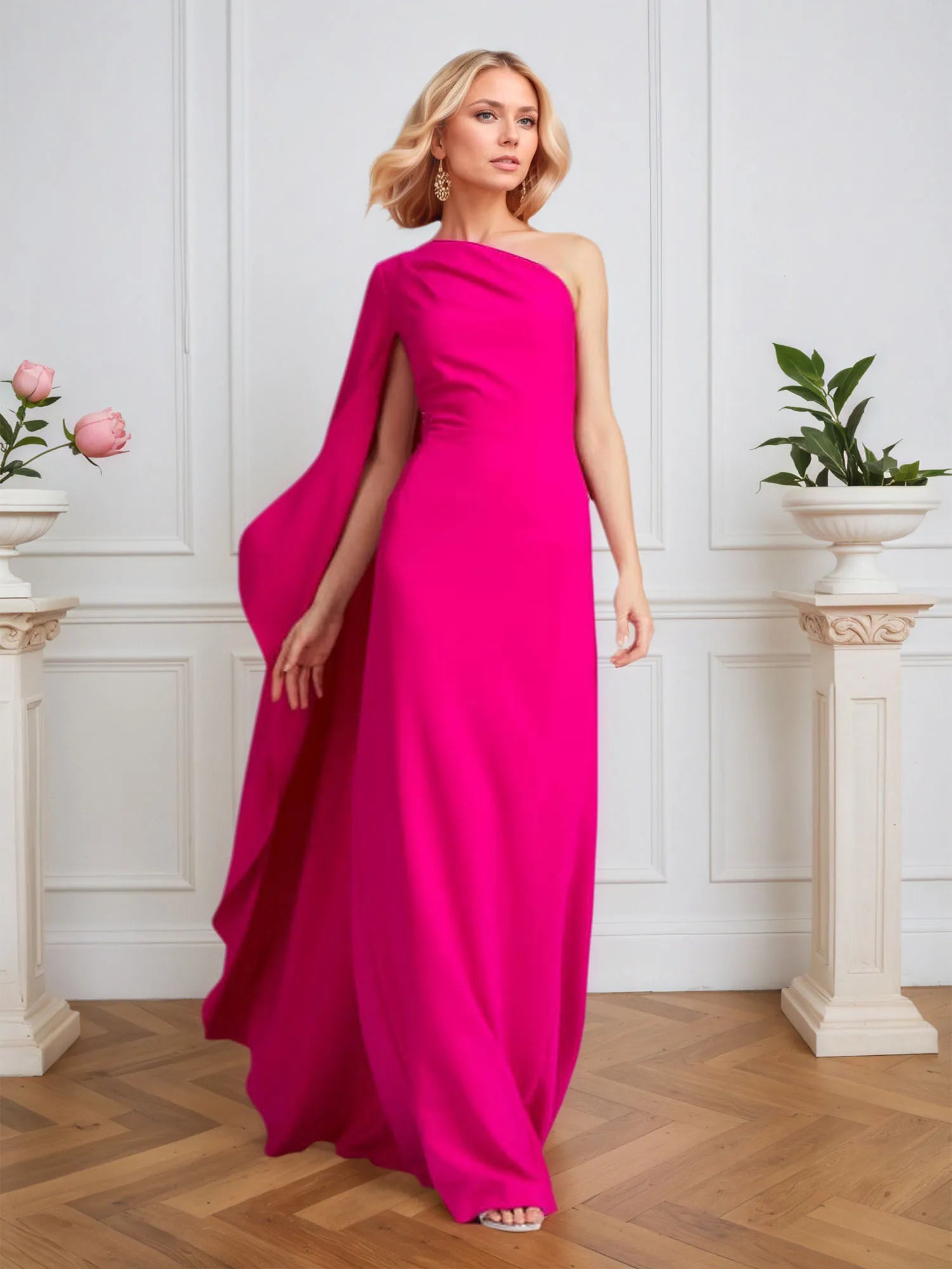 Hot Pink Stretch Crepe One Shoulder Ruched Floor-Length Evening Dress