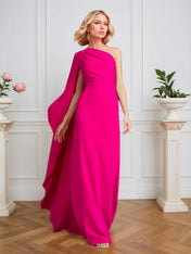 Hot Pink Stretch Crepe One Shoulder Ruched Floor-Length Evening Dress