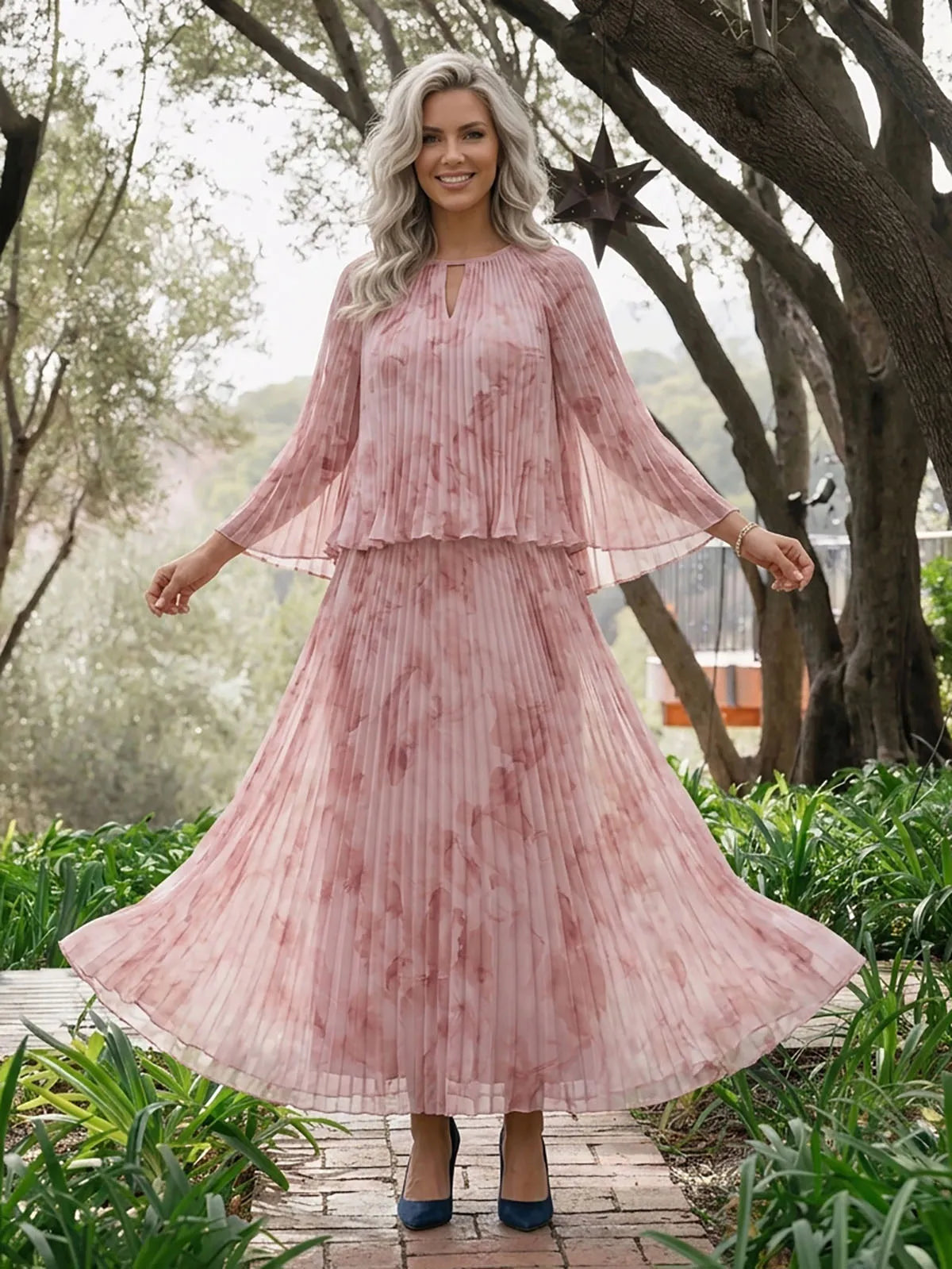 High-Neck Pleated Floral Capelet A-Line Evening Dress Mother of the Bride & Groom Dresses