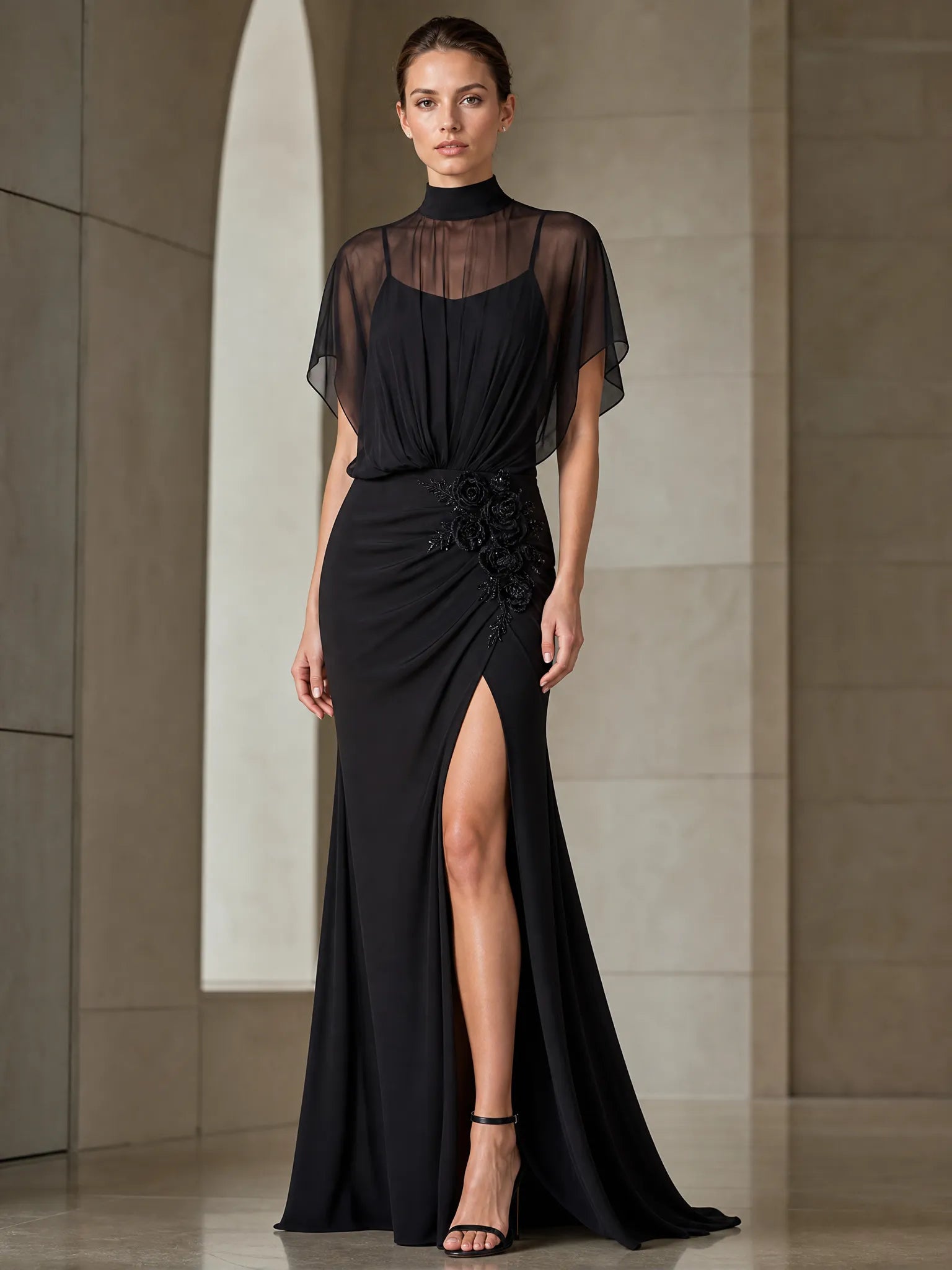 Elegant Black High-Neck Chiffon Evening Dress with Sheer Cape Sleeves, Floral Appliqué and High Slit