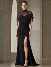 Elegant Black High-Neck Chiffon Evening Dress with Sheer Cape Sleeves, Floral Appliqué and High Slit