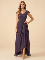 Purple V-Neck High-Low Mother of the Bride Dress with Appliques