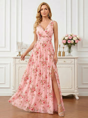 Floral Print V-Neck Sleeveless A-Line Mother of the Bride Dress with Slit