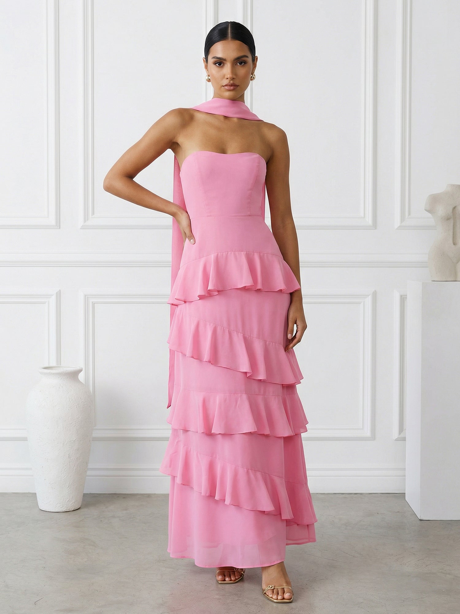 Hot Pink Strapless A Line Tiered Maxi Dresses with Scarf