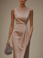 Wedding Guest Dress Round Neck Sleeveless Asymmetrical Length Dress With Pocket