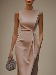 Wedding Guest Dress Round Neck Sleeveless Asymmetrical Length Dress With Pocket