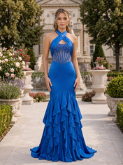 Halter Beaded-Corset Mermaid Satin Prom Dress with Ruffled Hem