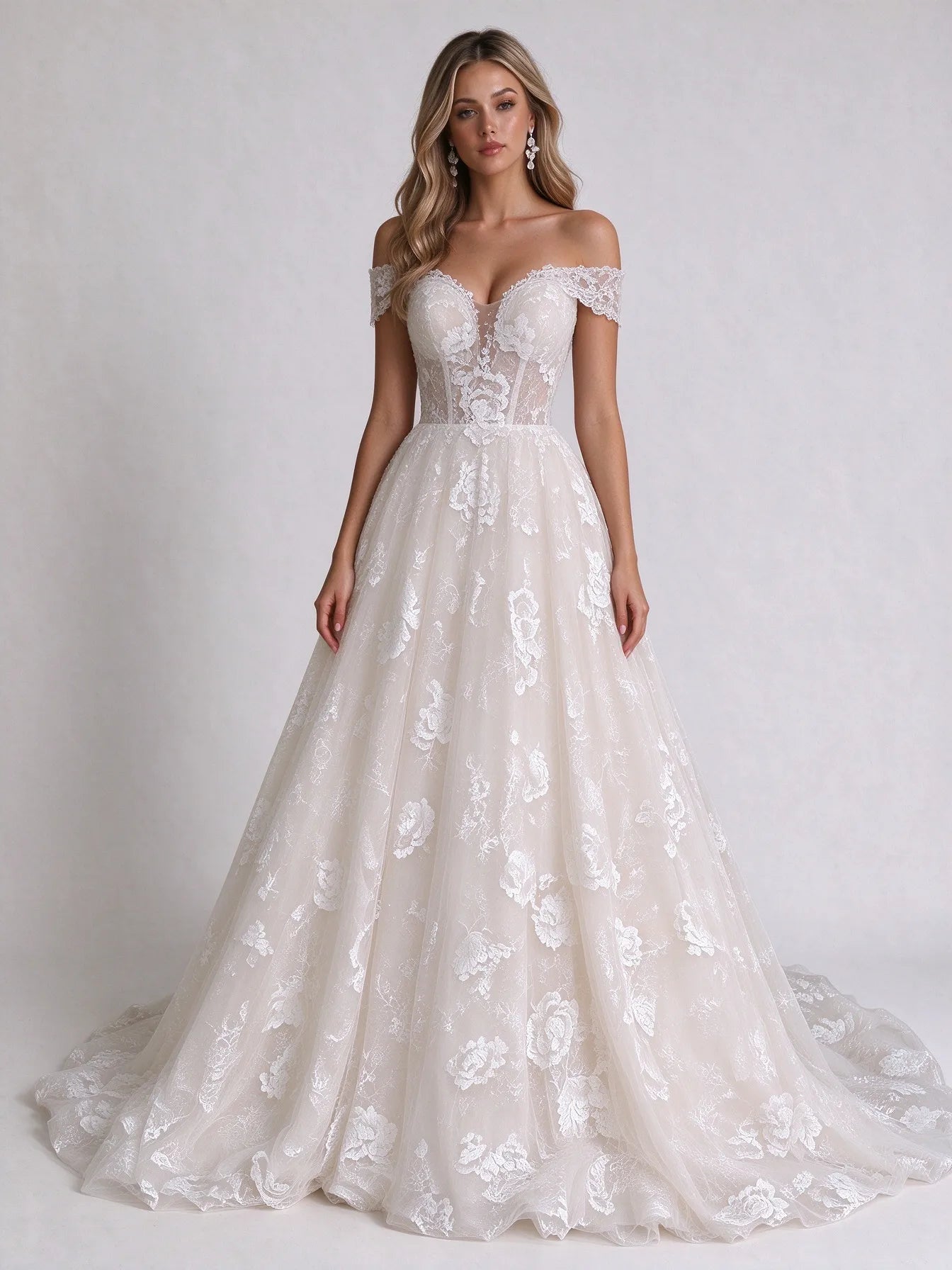 Off-the-Shoulder Sweetheart Lace Corset Tulle A-Line Wedding Dress with Lace-Up Back