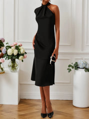 Black Knot Front Cold Shoulder Sleeveless Sheath Midi Dress