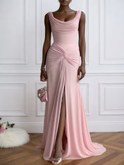 Pink Ruched Slit Formal Dress Cowl Neck Sleeveless A-Line Gown