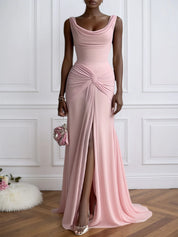 Pink Ruched Slit Formal Dress Cowl Neck Sleeveless A-Line Gown