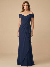 Off the Shoulder Ruffle Chiffon Mother of the Bride Dress with Applique