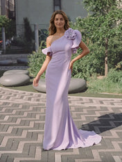 One-Shoulder Ruffled Rosette Lavender Column Evening Dress
