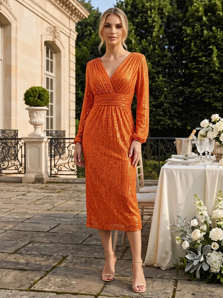 V-Neck Long Sleeve Sequin Sheath Midi Evening Dress with Ruched Waist