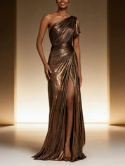 Brown Metallic One Shoulder Mermaid Long Formal Dress with Slit