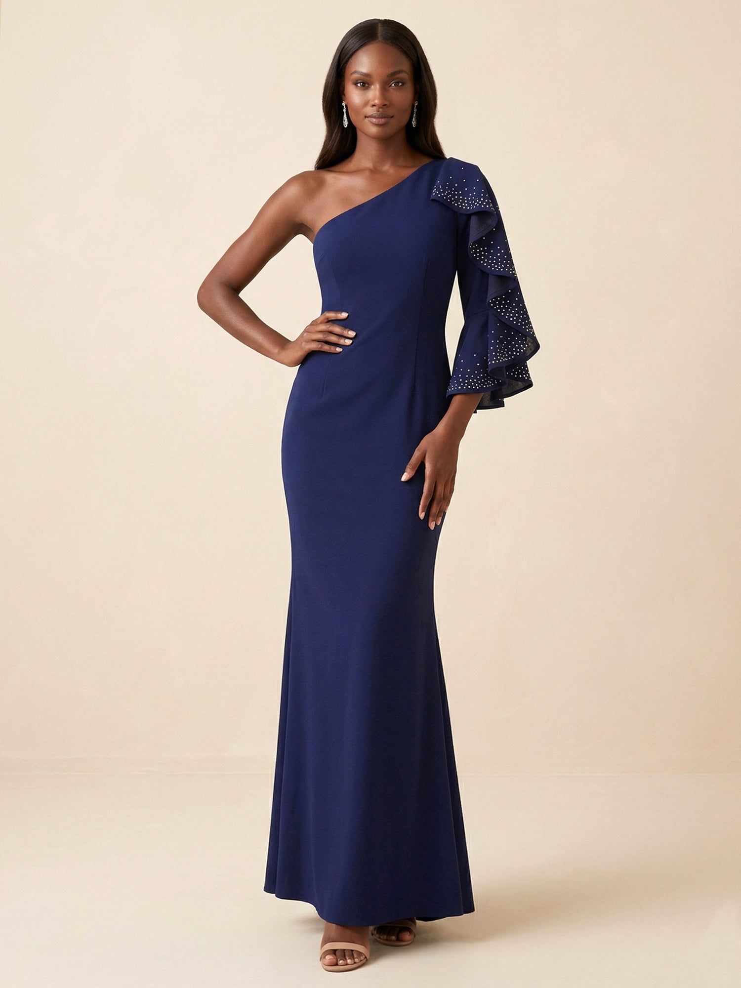 Navy Blue One-Shoulder Mermaid Gown with Sequin Ruffle Sleeve