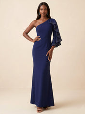 Navy Blue One-Shoulder Mermaid Gown with Sequin Ruffle Sleeve