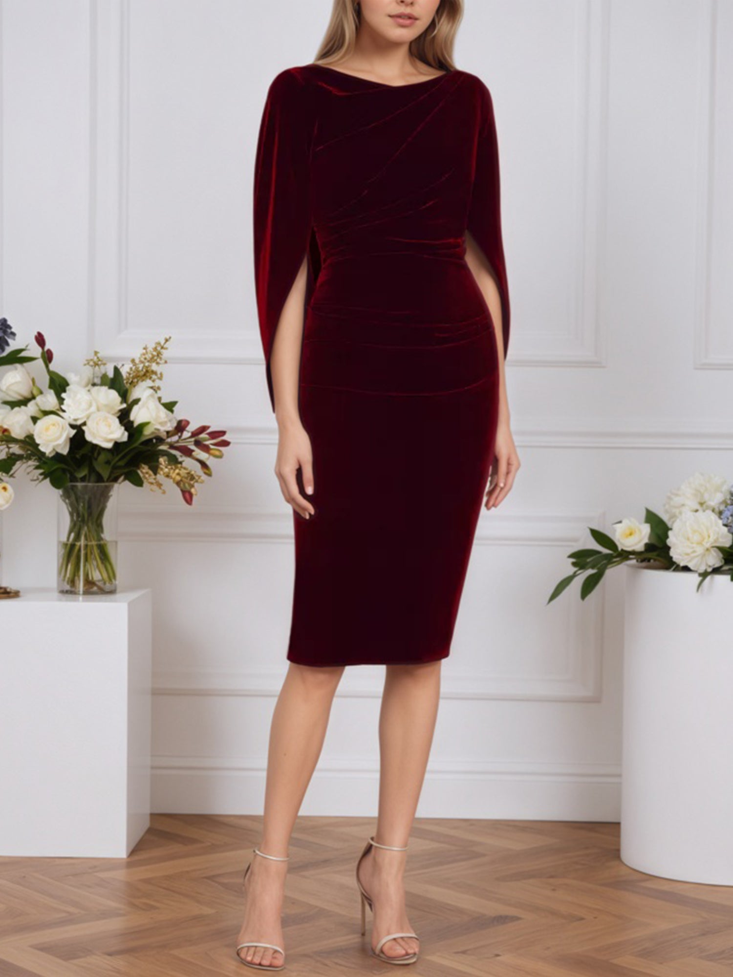 Sheath/Column Boat Neck Knee-Length Velvet Mother of Bride Dress