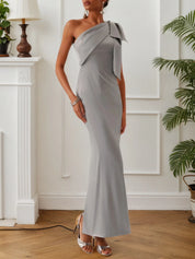Gray Bow Satin One Shoulder Sleeveless Sheath Gown Bridesmaid Dress