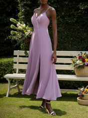Light Purple Chiffon Spaghetti Gallus A-Line Maxi Bridesmaid Dress