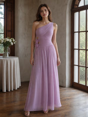 One-Shoulder Ruched Chiffon A-Line Evening Gown with Floral Waist Detail