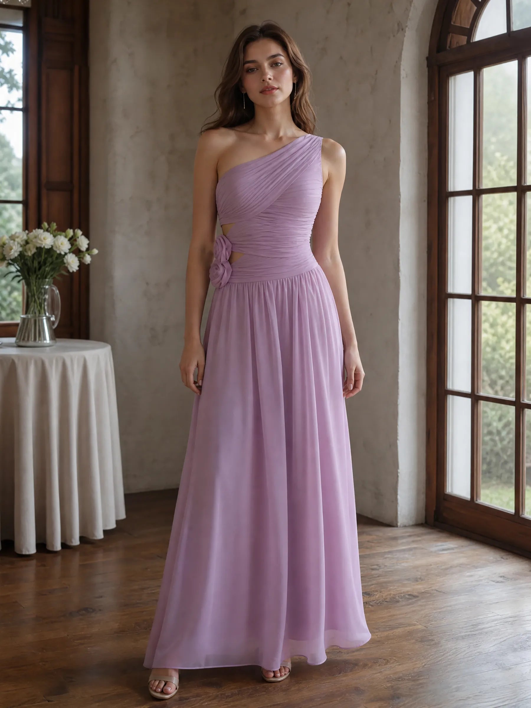 One-Shoulder Ruched Chiffon A-Line Evening Gown with Floral Waist Detail