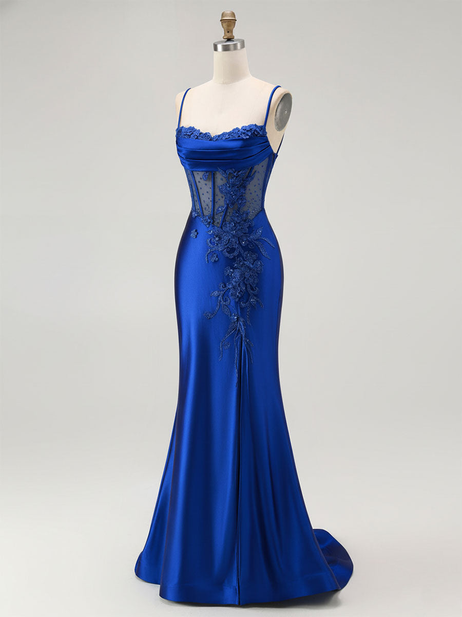Royal Blue Mermaid Beaded Appliqued Corset Prom Dress with Slit