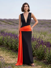 Plunging V-Neck Crepe Column Evening Dress with Contrast Orange Draped Waist Sash