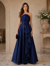 Navy Blue Strapless Pleated Ruffled A-Line Evening Dress