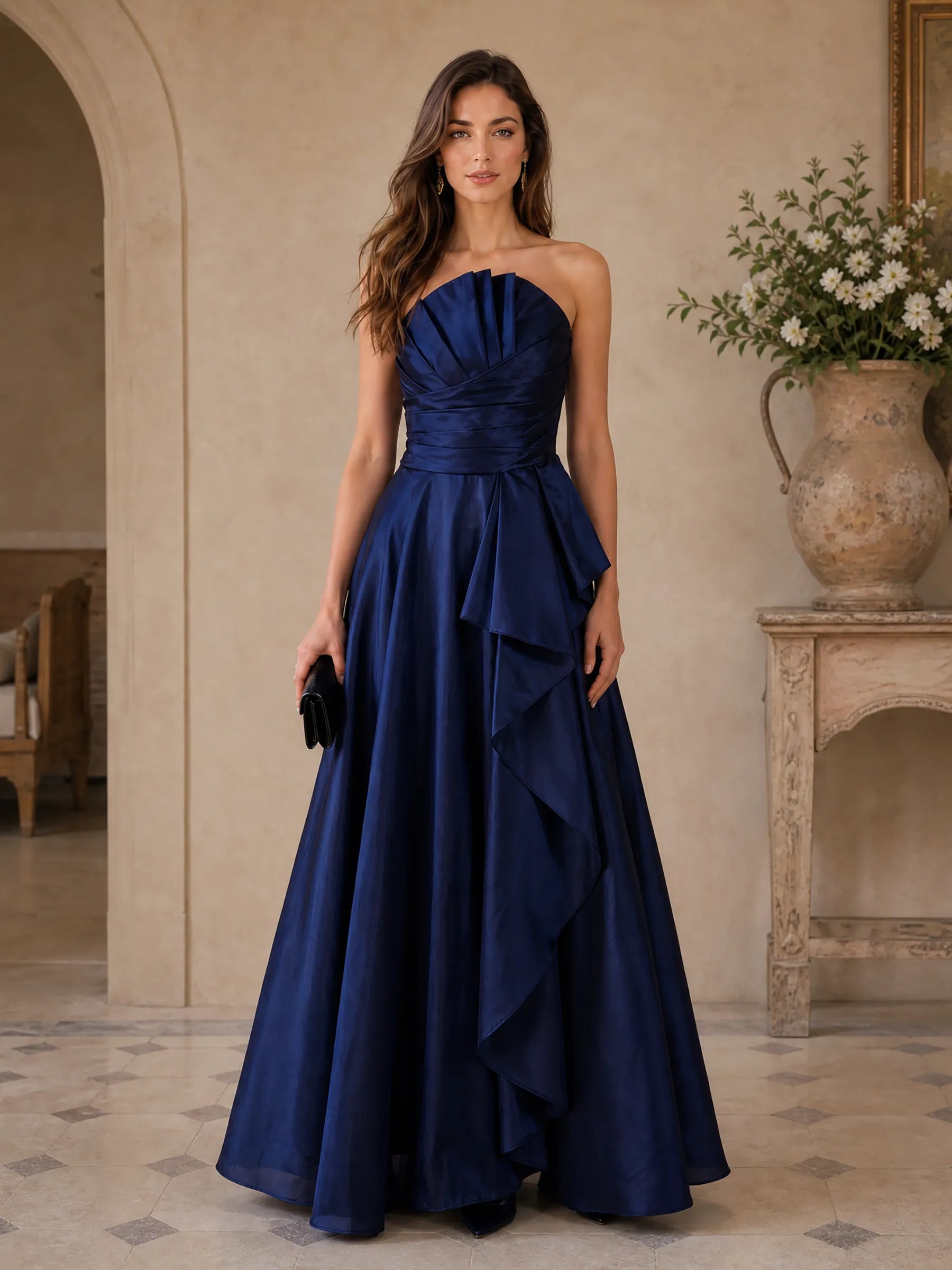 Navy Blue Strapless Pleated Ruffled A-Line Evening Dress