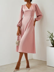 Pink V Neck Long Puff Sleeve A-Line Midi Dress