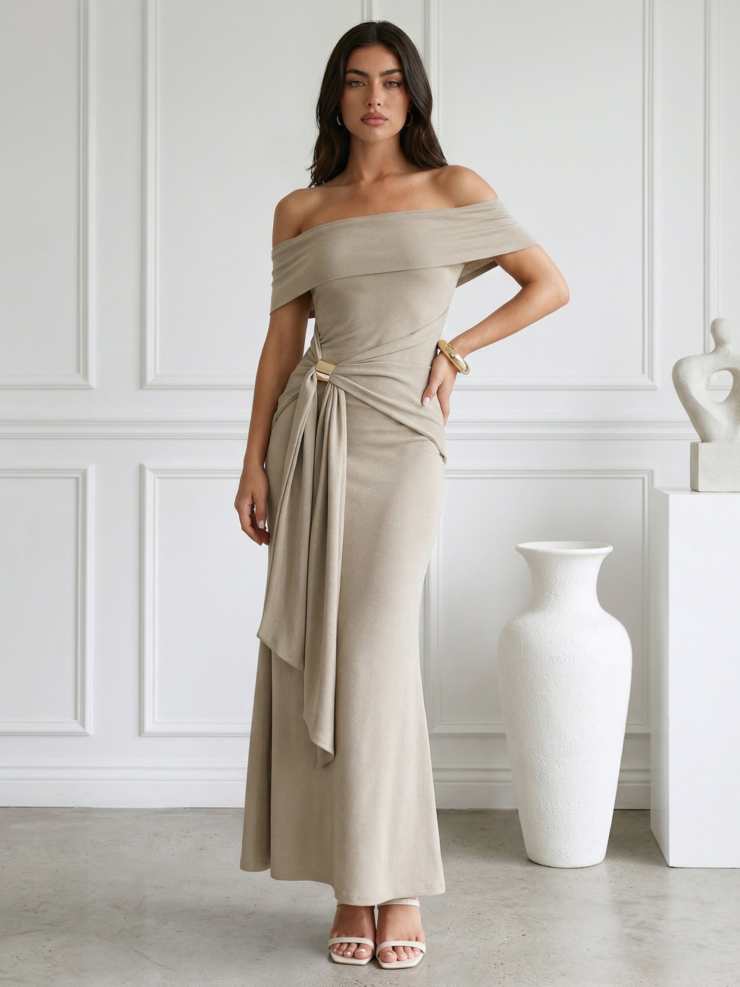 Taupe Strapless Satin Mermaid Maxi Dress with Pleat