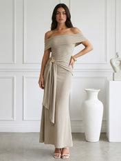 Taupe Strapless Satin Mermaid Maxi Dress with Pleat